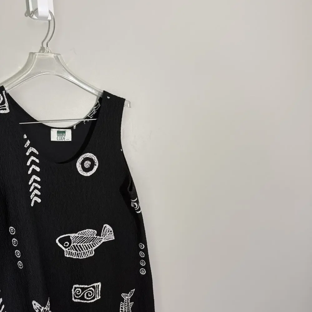 Vintage Gauze Maxi Dress Women Size M Black Fish Print Sleeveless Beach Vacation - Picture 2 of 3